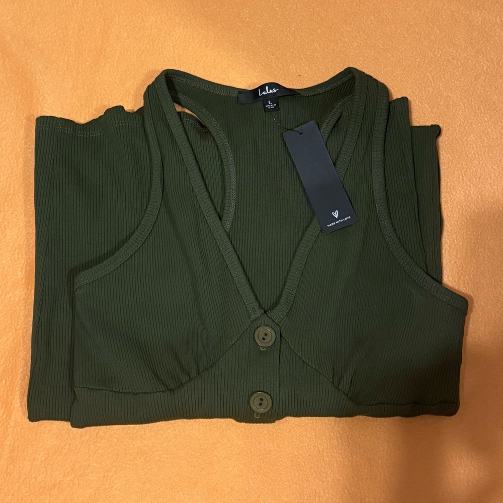 LULUS RIBBED MILITARY GREEN BUTTON UP TANK TOP MIDI DRESS SIZE LARGE NWT